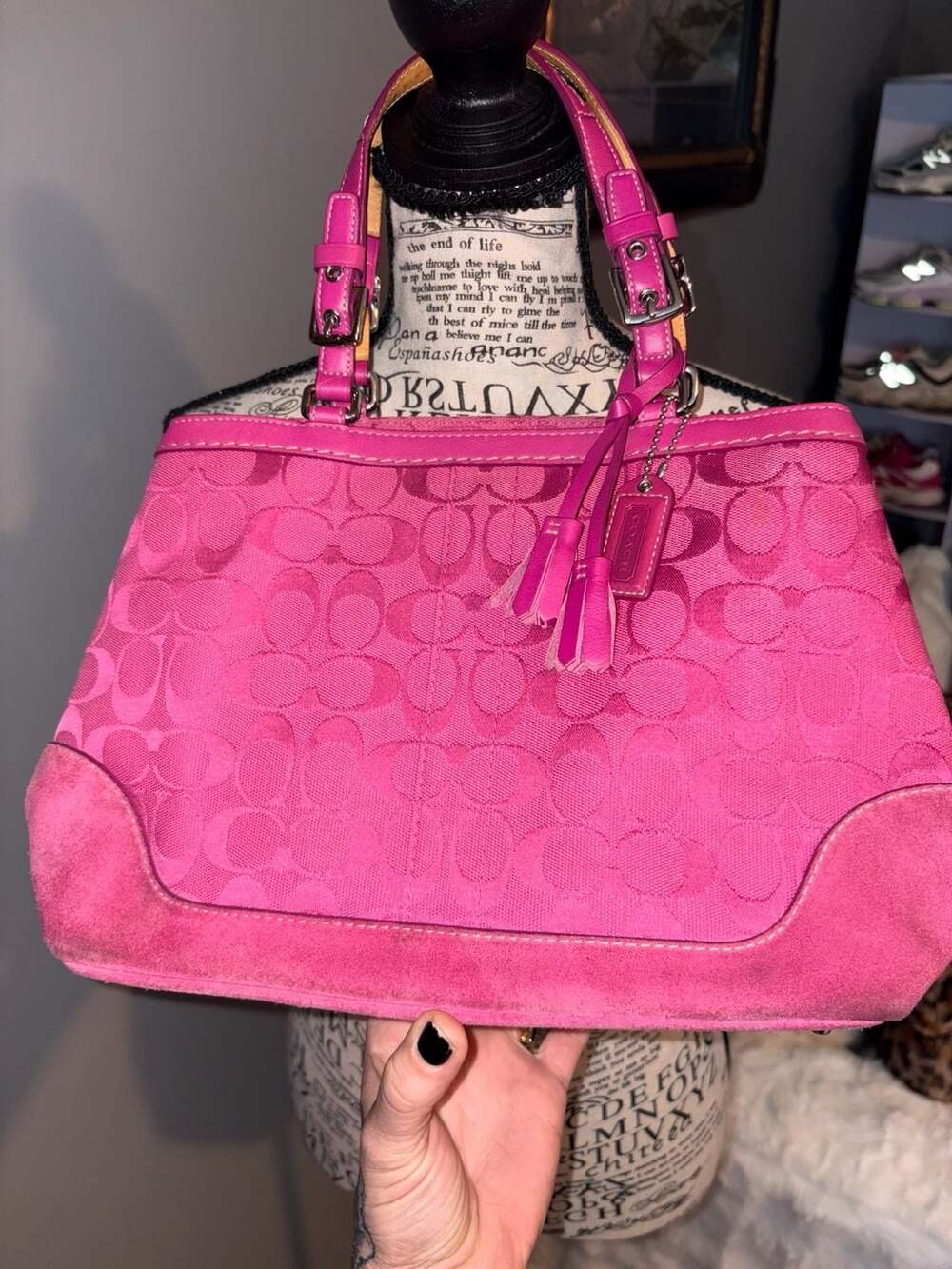 Coach Hampton Signature Satchel Pink Canvas Suede Trim 6830